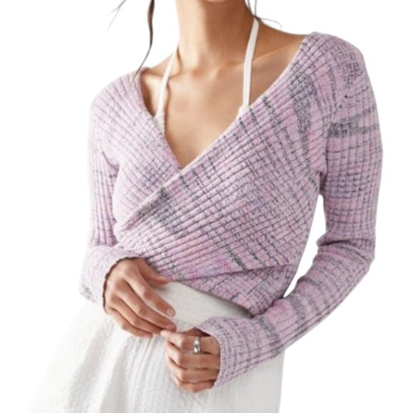 Free People Brooke Faux Wrap Long Sleeve Cropped Sweater Lilac Fog Combo - Picture 3 of 12